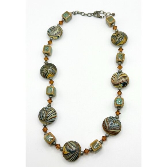 Swirled Ceramic Beaded Necklace Flat Round & Square Beads Raku 18” - Picture 1 of 3